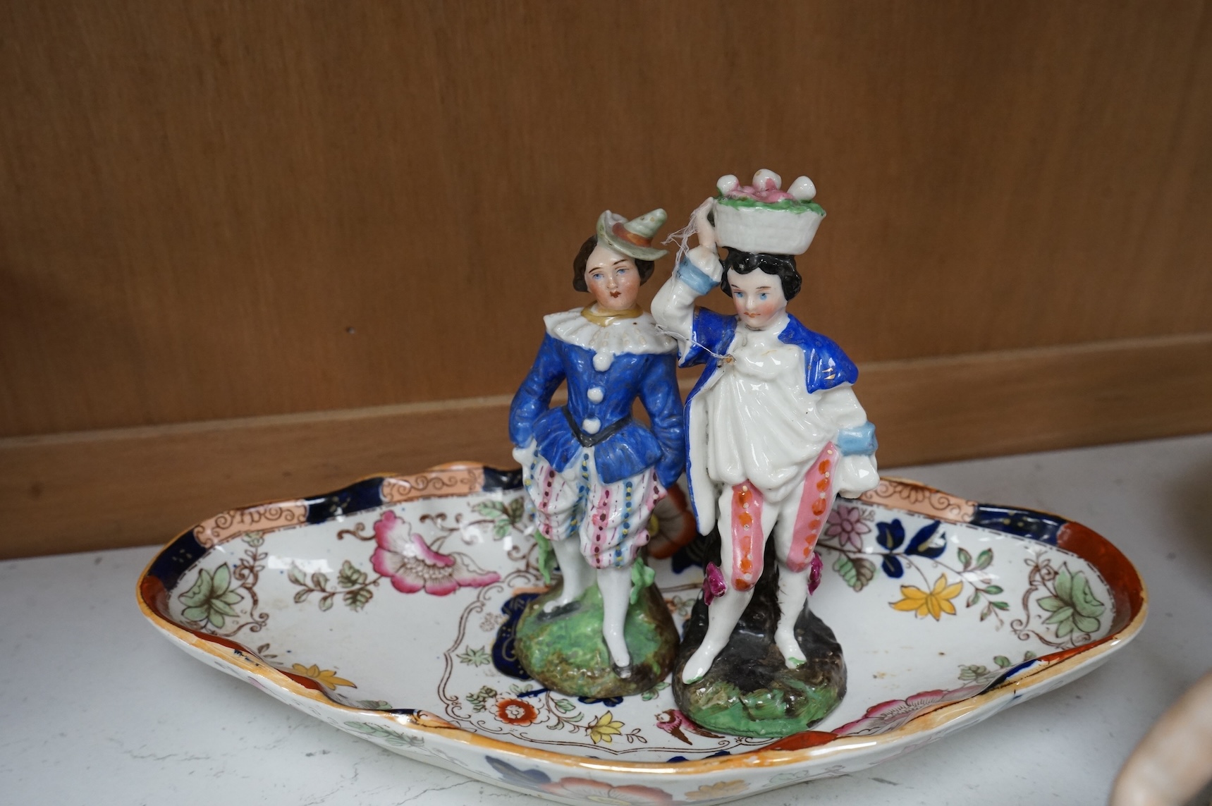 Four 19th century Continental porcelain figures and two Derby style figures, largest 19cm high